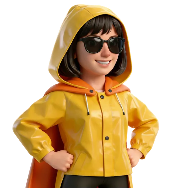 The Zuper Weather Agent, in a yellow rain hood and sunglasses.
